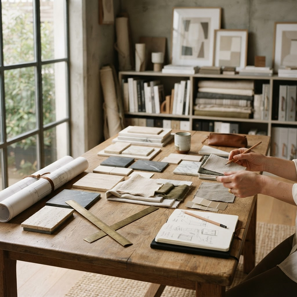 The Legacy Studio team reviewing material samples and drawings in the studio